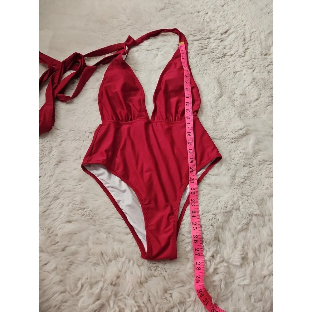 CUPSHE Maroon Red Plunge V-Neck Halter One-Piece Swimsuit Size Small S